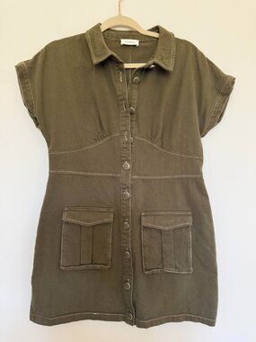Storia Button Front Denim Mini Dress Cargo Utility Chic Edgy Olive - Large